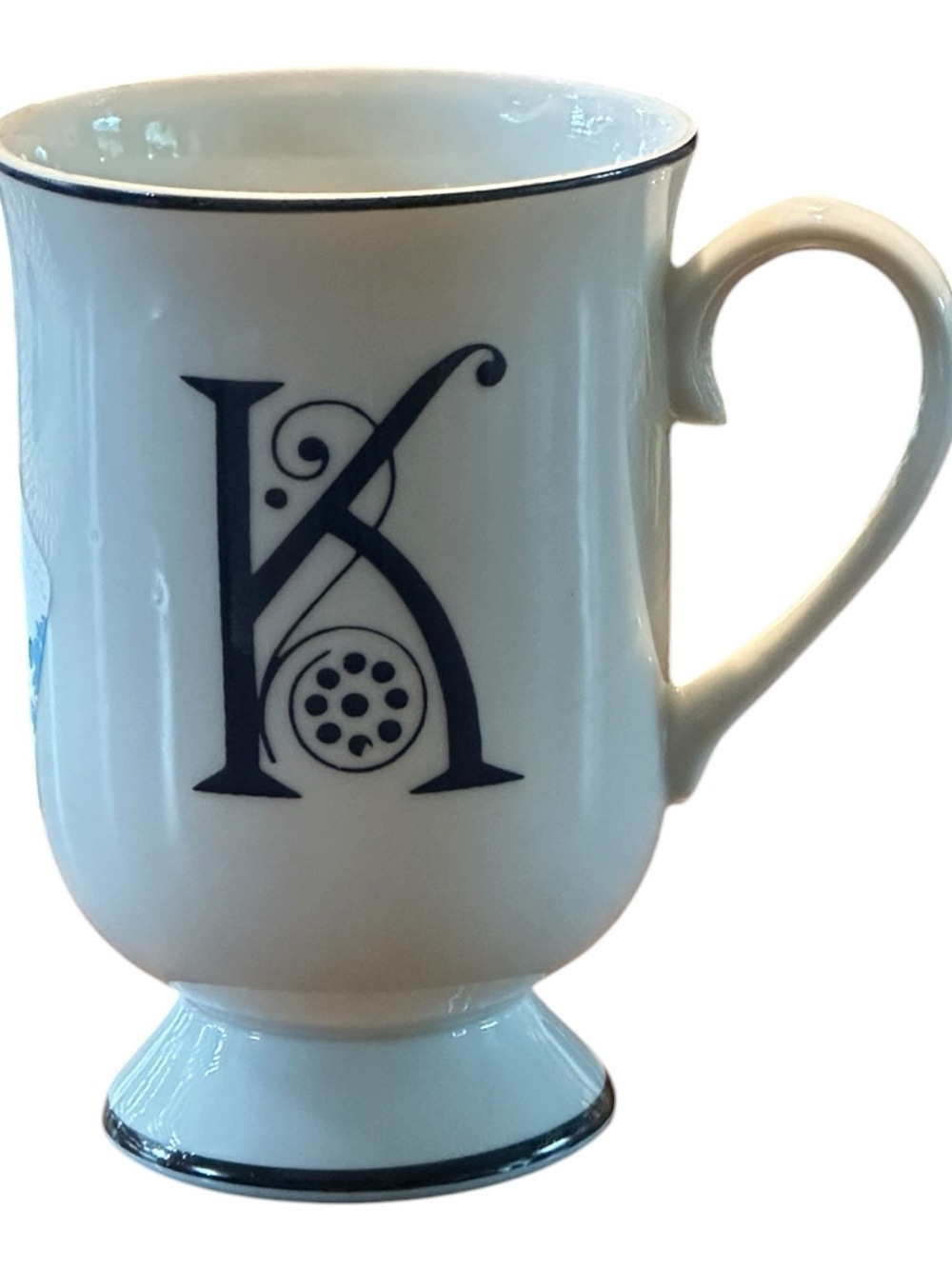 Monogram K Pedestal Ceramic Mug in White and Navy